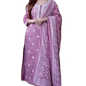 BHARVITA Women's Cotton Embroidered Chikankari Work Straight Kurta Dupatta Pant Set