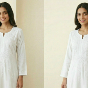 NaazLane Premium Cotton Lucknowi Chikankari Kurti – Tone-on-Tone Hand Embroidery